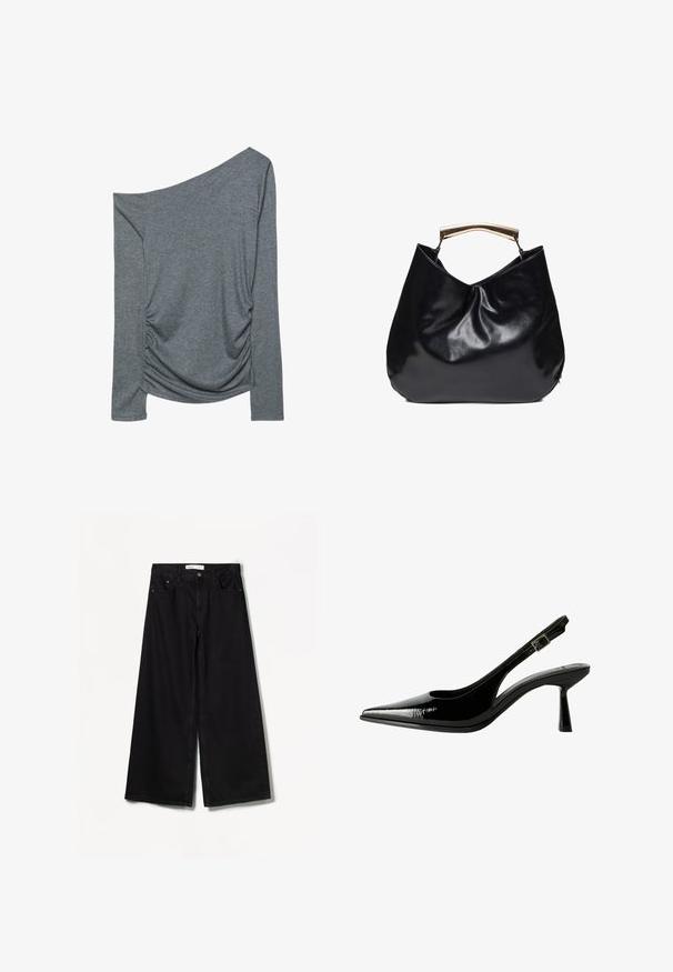 Grijze top met lange mouwen en een off-shoulder ontwerp, zachte stof en geplooide details aan één kant. Soepele textuur en strakke pasvorm.; Zwarte wijde jeans van denim. Heeft een hoge taille, voor- en achterzakken en zilveren hardware op de knoop en rits.; Zwarte gepatineerde leren slingback pump met een spitse neus, uitsparingen aan de zijkanten, een verstelbare enkelband en een dunne, slanke hak.; Zwart glanzend leren handtas met een gebogen, gouden metalen handvat, een zachte, soepele vorm en een eenvoudig, onopgesmukt ontwerp.