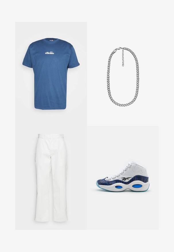Blaues Baumwoll-T-Shirt mit kurzen Ärmeln, das ein weißes "ellesse"-Logo auf der Brust trägt und keine zusätzlichen Muster oder Akzente aufweist.; Weiße Baumwollhosen mit geradem Bein, Gürtelschlaufen und Seitentaschen, mit einer glatten Textur und minimaler Ausgestaltung.; Hochschuh mit oberem Teil aus weißem Leder, blauem und schwarzem Zebra-Muster, ausgestattet mit einer hellblauen, durchsichtigen Laufsohle.; Halskette mit silberfarbener Curb-Kette, Karabinerverschluss und verstellbarer Verlängerungskette vor weißem Hintergrund.