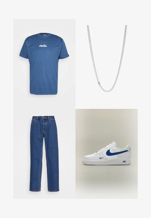 Blaues Baumwoll-T-Shirt mit kurzen Ärmeln, das ein weißes "ellesse"-Logo auf der Brust trägt und keine zusätzlichen Muster oder Akzente aufweist.; Blaue Jeans aus Denim mit einem klassischen geraden Bein-Design, ausgestattet mit einer hohen Taille, Gürtelschlaufen und dezenten Stickdetails.; Weißer Nike Air Force 1 Sneaker mit blauen Swoosh-Logos und "AIR" Text auf der Sohle, seitlich auf neutralem Hintergrund gezeigt.; Silberne Kettenhalskette mit ineinandergreifenden Gliedern, glatter Textur und einheitlicher rechteckiger Form. Sicherer Verschluss.
