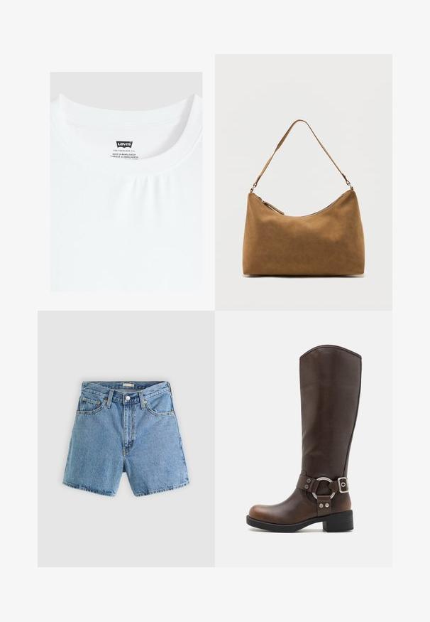 Hvid t-shirt med rund hals og Levi's mærke syet ind i kraven, lavet i Bangladesh.; Lyseblå cowboyshorts med forreste knap og lynlås, bæltestropper og fem-lommer design mod en ensfarvet baggrund.; Brune læderknæhøje støvler med en rund metalhardwaredetalje og spænde. Let struktureret overdel, stablet hæl og rund tå-design.; Brun skuldertaske i ruskind med enkelt rem og lynlås øverst, vist mod en ensfarvet hvid baggrund.