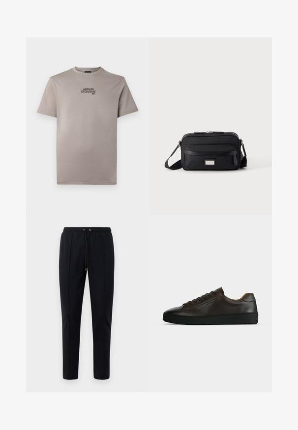 Camiseta de algodón gris con mangas cortas, que presenta "ARMANI EXCHANGE" bordado en negro en el lado izquierdo cerca del pecho.; Pantalones de chándal negros hechos de material suave y elástico. Cuentan con una cintura elástica con cordones y piernas ajustadas. Sin patrones visibles.; Zapatilla de perfil bajo de cuero marrón oscuro con suela de goma negra, cierre de cordones y diseño liso y minimalista sobre un fondo claro.; Bolso bandolera rectangular negro con bolsillo frontal con cremallera, correa ajustable y placa de logo rectangular plateada sobre fondo liso.