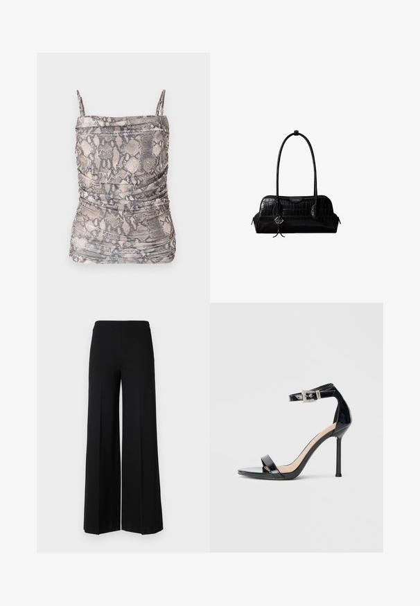 Top de estampado de serpiente en marrón y gris con tirantes finos, que presenta detalles con fruncidos y una tela suave y texturizada.; Pantalones de pierna ancha negros con una textura suave, que presentan una cinturilla alta y sin cierres visibles. Diseño simple y limpio.; Sandalia de tacón alto en piel sintética negra con correa en el tobillo. Presenta un diseño minimalista, punta abierta y una hebilla con detalles de pedrería.; Bolso de hombro negro de cuero con textura de cocodrilo, con correas largas y un pequeño colgante de logo plateado en una correa.