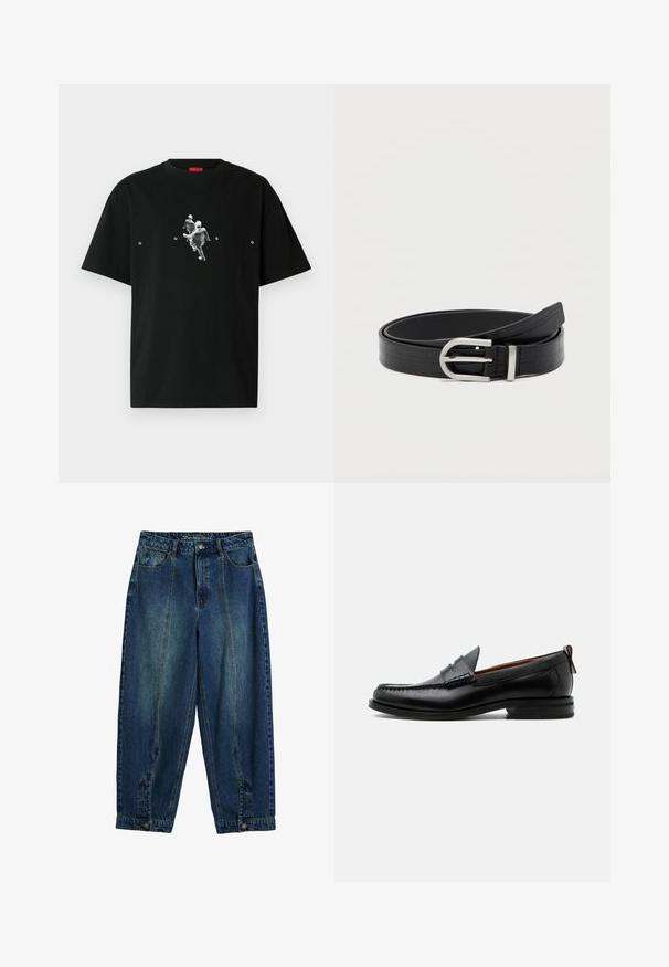 Sort bomuld T-shirt med grafik af to figurer i bevægelse, med ordet "HUGO" i hvid tekst under motivet. Kortærmet, rund hals.; Denim bukser med et klassisk blå vask, høj talje, løs pasform, for- og baglommer samt knaplukning ved taljen.; Sort læder herre loafer med moc-tå syning, penny strop, struktureret krave og lav stablet hæl på hvid baggrund.; Sort faux læderbælte med krokodillemønster og en sølvfarvet rund spænde, snoet på en ensfarvet hvid baggrund.