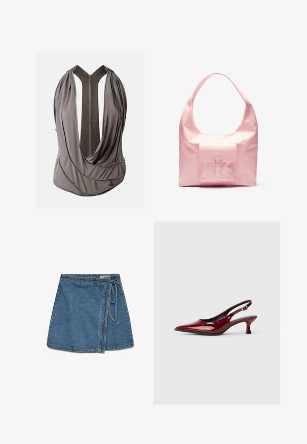 Gråt ærmeløst tøj med flere lynlåse, der markerer draperet stof og en central lynlåslukning bagpå.; Denim indigo omslagskørt i lys blå med et bånd i taljen, der har en lige pasform og en glat tekstur. Ingen synlige mønstre eller dekorationer.; Bordeaux patenteret læder slingback hæle med spids tå og en slank stiletto hæl. Åben rygdesign med justerbar ankelrem.; Lyserød håndtaske med en blank finish, stor skulderrem, forlommer med dekorativ spænde detalje. Glat tekstur, minimalistisk design.
