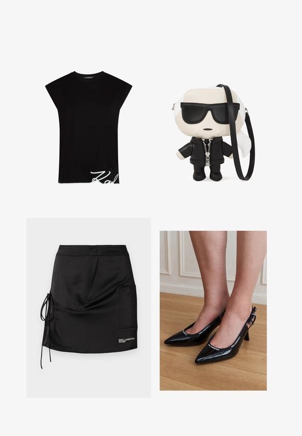 Zwart T-shirt met korte mouwen en een ronde hals. Voorzien van een witte "Karl" handtekening aan de zoom. Gemaakt van zachte stof.; Zwarte satijnen minirok met knoopsluiting, zijstrikdetail en een patchzak met "KARL LAGERFELD JEANS" branding.; Zwarte lakleren slingback hakken met puntige neus en KARL LAGERFELD merkafwerking, gedragen op voeten staand op een houten vloer.; Pluche handtas ontworpen als een karakter met een zwart-wit kleurenschema, met een leren jas, zonnebril en een afneembare schouderband.
