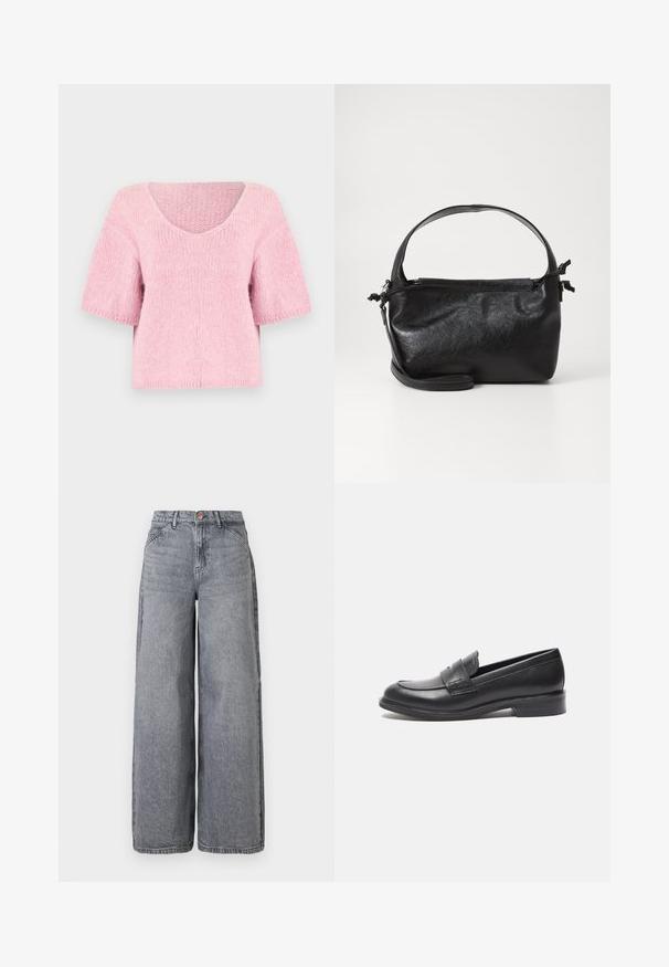 Blød lyserød strikket kortærmet sweater med en bred V-hals og en løs, let firkantet pasform.; Bredde ben denim jeans i en falmet grå vask, med fem lommer, en knaplukning og en blød tekstur med subtile fældningsdetaljer.; Sorte læderloafer med en glat overflade, rund tå og sidesyning. Har en lav, rektangulær hæl.; Sort læderhåndtaske med et struktureret design, rund tophåndtag og aftagelig skulderrem. Den har en glat tekstur og en subtil glans.