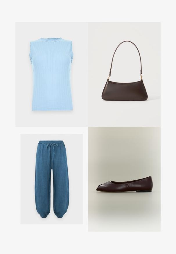Haut tricoté sans manches bleu clair avec un motif vertical subtil et un petit volant sur l'encolure et les emmanchures.; Pantalon bleu texturé ample avec ceinture élastique et poignets aux chevilles, avec un cordon de serrage à l'avant pour l'ajustement.; Chaussure plate en cuir marron foncé avec bout ouvert et petit talon sur fond clair uni.; Sac à main en cuir marron foncé avec une fermeture éclair incurvée en haut et une fine bandoulière avec des fermoirs dorés sur un fond uni.