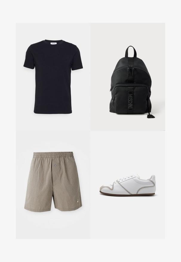 Schwarzes T-Shirt mit kurzen Ärmeln und Rundhalsausschnitt, mit einem kleinen weißen Etikett auf der Innenseite des Kragens.; Braun karierte Shorts mit elastischem Bund, seitlichen Taschen und einem kleinen Logo-Detail am Saum. Leichter Stoff.; Weiße Sneaker mit einem Obermaterial aus glattem Leder, grauen Suede-Akzenten und einem schlichten Schnürdesign. Rutschfeste braune Gummisohle; minimalistische Gestaltung.; Schwarzer Moschino Rucksack mit oberem Griff, Front-Reißverschlusstasche und sichtbarem Logo am Fronttaschenriemen vor einem einfarbigen hellen Hintergrund.