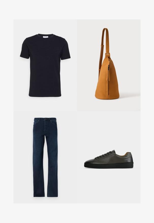 Sort kortærmet t-shirt med rund hals og et lille hvidt mærke indeni halsudskæringen.; Mørkeblå denim jeans med lige ben, fem lommer, knapåbning og kontrasterende syninger langs sømmene.; Lavtskåret mørkegrå læder sneaker med sorte snørebånd og sål, minimalistisk design, sideprofil på en ensfarvet lys baggrund.; Tan læder crossbodytaske med justerbar rem og lodret lynlåslomme, vist fra siden mod en ensfarvet lys baggrund.