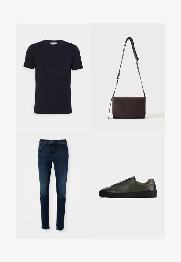 Schwarzes T-Shirt mit kurzen Ärmeln und Rundhalsausschnitt, mit einem kleinen weißen Etikett auf der Innenseite des Kragens.; Dunkelblaue Denim-Jeans mit slim fit, strukturiertem Design, Fünf-Taschen-Stil und leichten Ausbleichungen entlang der Beine und Nähte.; Niedriger dunkelgrauer Ledersneaker mit schwarzen Schnürsenkeln und Sohle, minimalistisches Design, Seitenprofil vor einem schlichten hellen Hintergrund.; Dunkelbraune, strukturierte Leder-Crossbody-Tasche mit verstellbarem Riemen und kleinem dekorativen blauen Akzent an der Seite.