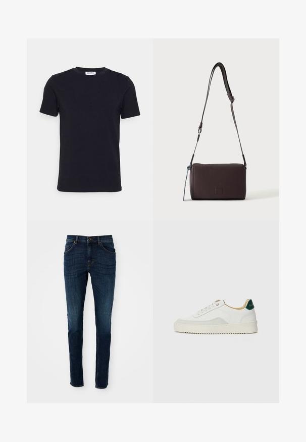 Sort kortærmet t-shirt med rund hals og et lille hvidt mærke indeni halsudskæringen.; Mørkeblå denim jeans med slim fit, struktureret design, fem-lommes stil og let falmning langs benene og sømmene.; Hvide sneakers med ruskindsdetaljer, rund tå, flade snørebånd og en cremet gummisål. Har grøn branding på hælen.; Mørkebrun textured læder crossbody taske med justerbar rem og lille dekorativ blå accent på siden.