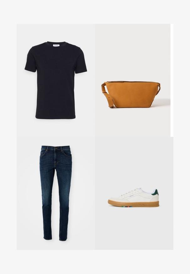 Schwarzes T-Shirt mit kurzen Ärmeln und Rundhalsausschnitt, mit einem kleinen weißen Etikett auf der Innenseite des Kragens.; Dunkelblaue Denim-Jeans mit slim fit, strukturiertem Design, Fünf-Taschen-Stil und leichten Ausbleichungen entlang der Beine und Nähte.; Weiße Leder-Sneaker mit Perforationsdesign, Gummisohle, grünem Fersenakzent und buntem Streifenmuster an der Seite.; Hellbraune Leder-Umhängetasche mit verstellbarem Schulterriemen und Reißverschluss, vor einem schlichten hellen Hintergrund gezeigt.