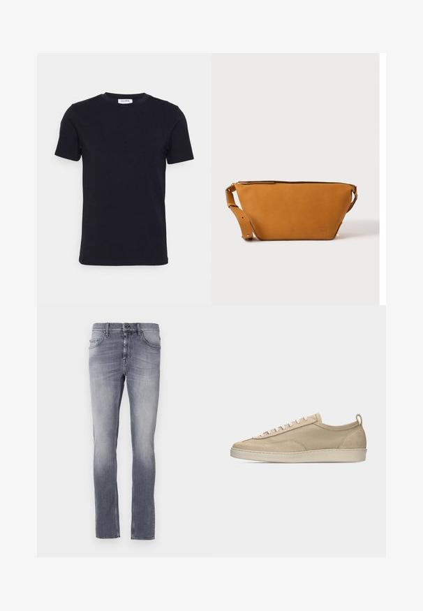 Zwart T-shirt met korte mouwen en ronde hals, met een klein wit label aan de binnenkant van de halslijn.; Grijze denim jeans met een vervaagde was, recht gesneden ontwerp, vijf zakken, riemlussen en een metalen knoopsluiting bij de taille.; Beige lage sneaker met bovenwerk van stof en suède, witte veters, rubberen zool en een lus aan de hiel, afgebeeld in zijaanzicht op een witte achtergrond.; Lichtbruine leren crossbodytas met verstelbare band en ritssluiting, getoond tegen een effen lichte achtergrond.