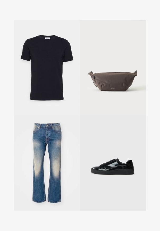 T-shirt noir à manches courtes avec un col ras-du-cou, muni d'une petite étiquette blanche à l'intérieur du col.; Jean flare en denim bleu clair avec décoloration sur les cuisses, cinq poches, fermeture à bouton en métal et détails de couture contrastante.; Baskets en cuir verni noir avec un bout arrondi, un laçage, une semelle en caoutchouc texturé et une finition lisse.; Sac banane en tissu marron foncé avec poche zippée en diagonale et petit logo blanc sur le devant, sur un fond clair uni.