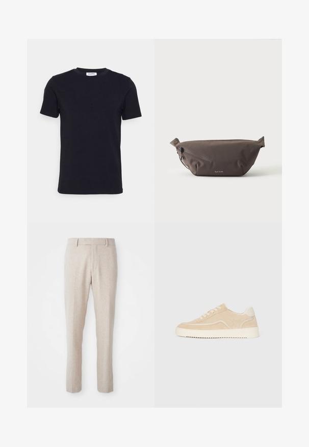Schwarzes T-Shirt mit kurzen Ärmeln und Rundhalsausschnitt, mit einem kleinen weißen Etikett auf der Innenseite des Kragens.; Beige Woven-Hosen mit geradem Schnitt, flachem Bund, Gürtelschlaufen und ohne sichtbare Muster oder Hardware-Details.; Beige Wildlederschuh mit weißer Sohle und Schnürsenkeln, niedrig geschnittenes Design und Zickzackprofil auf der Sohle.; Dunkelbraune Stoff-Gürteltasche mit diagonalem Reißverschlussfach und kleinem weißen Logo vorne, vor einem einfarbigen hellen Hintergrund.