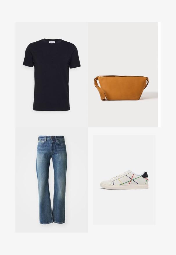 Zwart T-shirt met korte mouwen en ronde hals, met een klein wit label aan de binnenkant van de halslijn.; Denim jeans in een licht tot gemiddeld blauwe kleur, met een recht gesneden pijp, klassiek vijf-pocket ontwerp en subtiele vervaging aan de voorkant.; Witte leren sneakers met veelkleurige diagonale lijnen in rood, geel, groen en blauw. Zwarte accenten op de hak. Rubberen zool.; Lichtbruine leren crossbodytas met verstelbare band en ritssluiting, getoond tegen een effen lichte achtergrond.