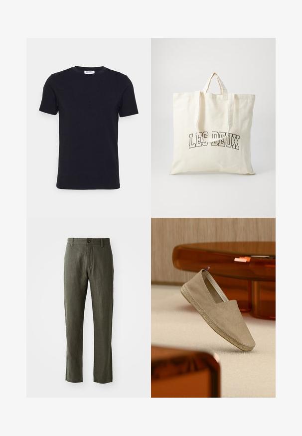 T-shirt noir à manches courtes avec un col ras-du-cou, muni d'une petite étiquette blanche à l'intérieur du col.; Pantalons en lin vert olive avec une coupe droite, dotés d'une fermeture à bouton à l'avant et de poches latérales. Le tissu a une apparence texturée.; Espadrille en toile beige avec semelle tressée et petite languette tricolore sur le talon, posée sur un tapis clair avec un mobilier teinté d'ambre en arrière-plan.; Sac fourre-tout en toile de couleur ivoire, avec des poignées courtes et le texte imprimé "LES DEUX" en lettres noires en gras. Design durable et simple.