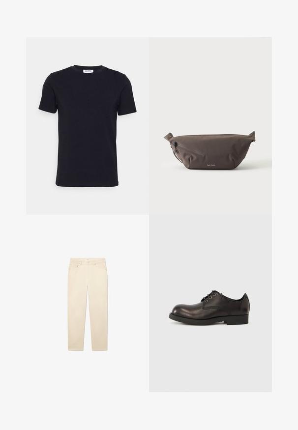 Zwart T-shirt met korte mouwen en ronde hals, met een klein wit label aan de binnenkant van de halslijn.; Witte beige denim jeans met een rechte pijp, voorzien van vijf zakken, een knoop- en ritsluiting, en subtiele stikseldetails.; Zwarte leren nette schoen met een ronde neus, minimale stiknaden en een lage rubberen hak, vastgemaakt met zwarte veters.; Donkerbruine stoffen heuptas met diagonale ritssluiting en klein wit logo aan de voorkant, tegen een effen lichte achtergrond.
