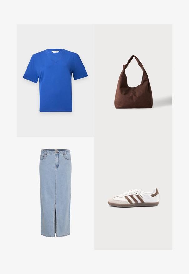 Camiseta de algodón azul de cuello en V con manga corta, que presenta una textura suave y un corte clásico y relajado. Sin patrones ni adornos visibles.; Falda de mezclilla azul clara, hasta la rodilla, con una abertura frontal, presillas para cinturón y cierre de botón metálico con costura en contraste.; Zapatilla blanca Adidas Samba con franjas de ante marrón, suela de goma marrón y puntera de ante beige, vista desde el lado exterior sobre un fondo liso.; Bolso de tela marrón con textura y un solo asa atada en un nudo, mostrado sobre un fondo claro y liso.