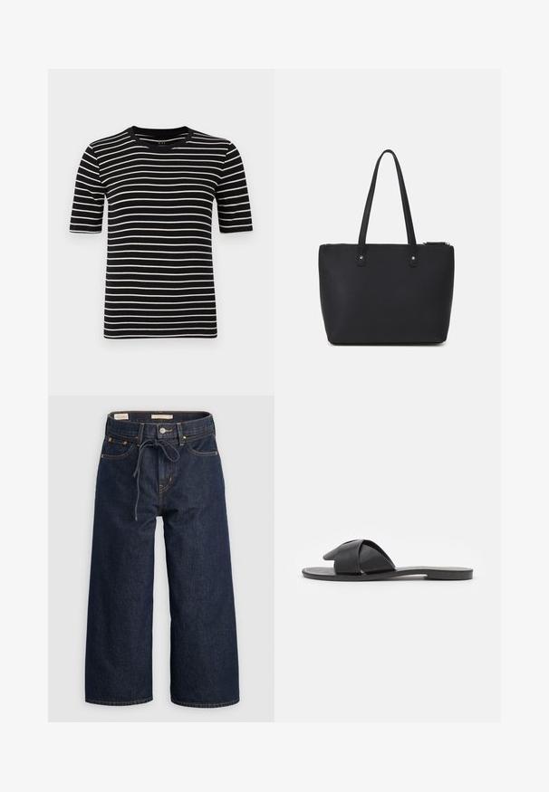 Camiseta de rayas negras y blancas, de mangas cortas, cuello redondo, hecha de suave punto de algodón, con rayas uniformes y un ajuste estándar.; Jeans de mezclilla de pierna ancha en azul oscuro con cintura ajustable por cordón, bolsillos frontales y detalles de costura en naranja contrastante.; Sandalia negra sin hebillas con tiras cruzadas. Fabricada en cuero suave con una suela plana y costuras mínimas. Diseño simple de punta abierta.; Bolsa tote negra hecha de material sintético texturizado, con dos asas largas y cierre de cremallera, adornada con detalles en tono plateado.