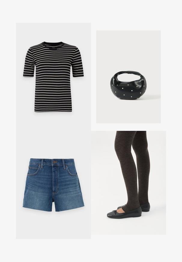 T-shirt noir et blanc à rayures, à manches courtes, col rond, fabriqué en jersey de coton doux, avec des rayures uniformes et une coupe standard.; Shorts en denim bleu moyen, avec une taille haute, quatre poches et des coutures. Texture lisse avec une coupe classique.; Jambes portant des leggings côtelés foncés associés à des ballerines noires avec de petits détails en nœud sur fond blanc.; Sac à main en cuir noir de forme arrondie, décoré de clous argentés et équipé d'une poignée courte. Texture lisse et fermeture éclair.