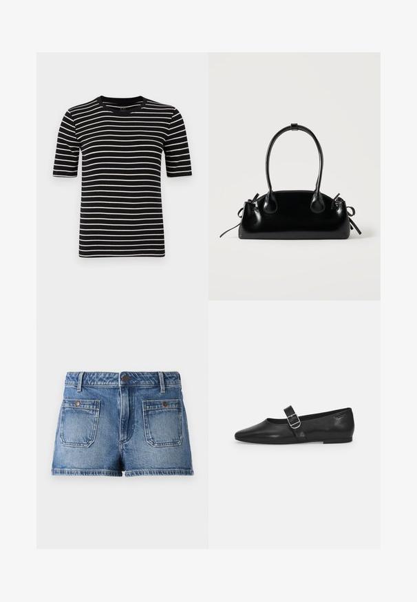 T-shirt med sorte og hvide striber, korte ærmer, rund hals, lavet af blødt bomuldsstrik, med jævne striber og en standard pasform.; Denim shorts i lys blå med en falmet finish, fem-lomme design, to forlommer, to baglommer og en knaplukning i taljen.; Sorte læder flade sko med rund tå, et enkelt justerbart spænde og en glat, blank overflade. Minimalistisk design med en lav hæl.; Lille sort blank håndtaske med to lange håndtag og snøre-detaljer i siden på en ensfarvet lys baggrund.