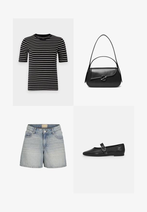 T-shirt med sorte og hvide striber, korte ærmer, rund hals, lavet af blødt bomuldsstrik, med jævne striber og en standard pasform.; Lysblå denimshorts med høj talje, der har knaplukning, fem lommer og subtilt slid for et struktureret look.; Sorte læder flade sko med rund tå, et enkelt justerbart spænde og en glat, blank overflade. Minimalistisk design med en lav hæl.; Sort skuldertaske i læder med en buet klap, der er fastgjort med en rund metal spænde, og en slank, justerbar rem.