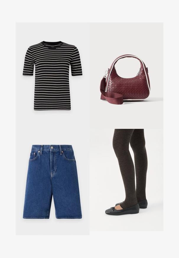 T-shirt noir et blanc à rayures, à manches courtes, col rond, fabriqué en jersey de coton doux, avec des rayures uniformes et une coupe standard.; Shorts en denim bleu foncé avec une coupe classique, design à cinq poches et surpiqûres orange. Finition avec un bouton frontal et une fermeture éclair.; Jambes portant des leggings côtelés foncés associés à des ballerines noires avec de petits détails en nœud sur fond blanc.; Sac à main en cuir tressé marron foncé avec poignée courbée, garniture blanche, fermeture éclair argentée et bandoulière large en tissu amovible sur fond uni.