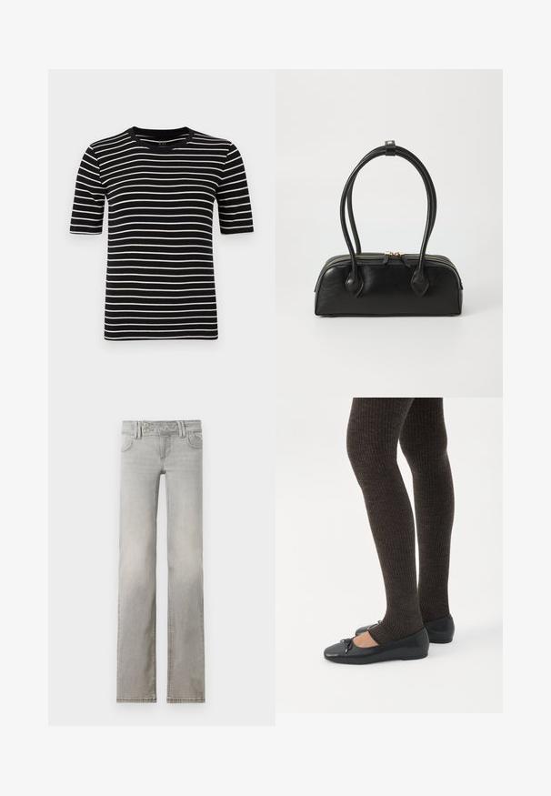 T-shirt noir et blanc à rayures, à manches courtes, col rond, fabriqué en jersey de coton doux, avec des rayures uniformes et une coupe standard.; Jean gris clair avec une coupe droite, en denim. Il dispose de deux poches avant, d'une taille avec deux boutons et de coutures visibles.; Jambes portant des leggings côtelés foncés associés à des ballerines noires avec de petits détails en nœud sur fond blanc.; Sac à main en cuir noir avec deux anses allongées, fermeture éclair et forme arrondie ; texture lisse avec une finition légèrement brillante.