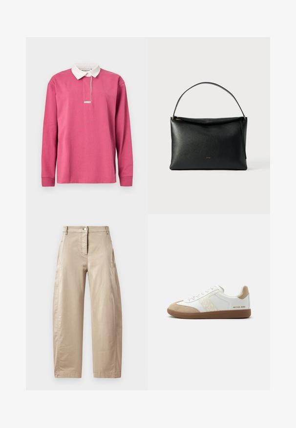 Poloshirt met lange mouwen in roze katoen met een witte kraag, voorzien van een voorste knoopsluiting en een klein label op de borst.; Beige wijde broek van een soepele katoenmix, met een sluiting met een knoop aan de voorkant, zijzakken en zichtbare stikseldetails.; Witte en beige lage sneaker met bruine zool en veters aan de voorkant, met een gestructureerd zijpaneel en het 'Michael Kors'-logo op de hiel.; Zwarte leren handtas met een gladde textuur, een gebogen handvat en een gouden ritssluiting. Minimalistisch ontwerp met een subtiel logo.
