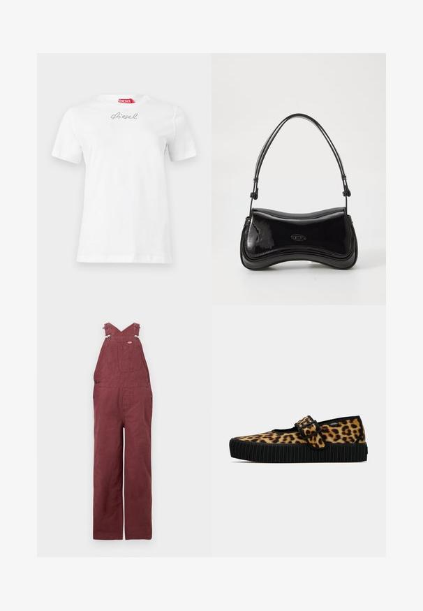 Camiseta blanca de manga corta de Diesel con un pequeño logo de Diesel de cristales cerca del escote y una etiqueta roja en el interior del cuello.; Pantalones de tirantes burdeos de algodón, con tirantes cruzados en la espalda, bolsillos frontales y detalles de herrajes metálicos. Textura suave y corte relajado.; Zapatos slip-on de estampado de leopardo con una suela ribeteada negra y una correa con hebilla, que presentan un diseño plano y una textura de tela suave.; Bolso de mano de charol negro con forma curvada, un solo asa y fondo redondeado. Presenta un sutil detalle de logo en la parte frontal.