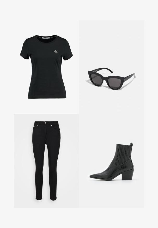 Zwarte korte-sleeve t-shirt van katoen, met een ronde halslijn en een klein wit "ck" logo op de linkerborst.; Zwarte high-waisted skinny jeans met een voorste knoop, rits en vijf-pocket ontwerp, weergegeven op een vlakke witte achtergrond.; RAID ROCCO - Cowboy-/Bikerlaarsjes - black; Zwarte cat-eye zonnebril met een matte afwerking, voorzien van grijs getinte glazen, scherpe hoeken en slanke zijarmen. Merkennaam zichtbaar op de binnenarm.