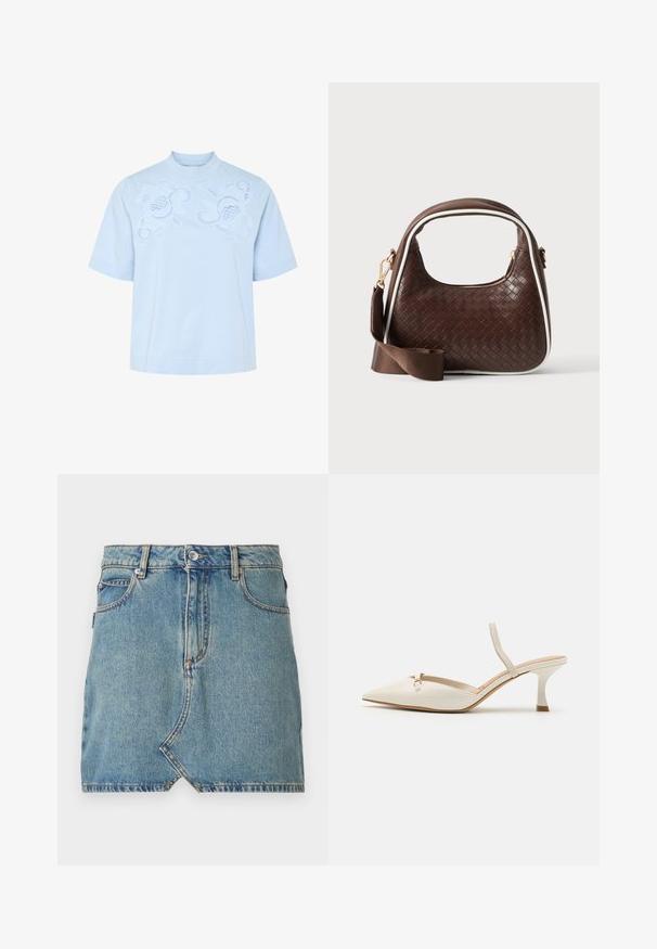 Lyseblå kortærmet top med høj hals, der har intrikate hvide broderede blomsterdesigns på forsiden. Blødt bomuldsmateriale.; Lysblå denimnederdel med rå kant og skrå lomme foran, prydet med kontraststing og en enkelt knaplukning ved taljen.; ALDO NAILAH - Pumps - white/bone; Brun vævet læderhåndtaske med hvid piping, guldfarvet lynlås og aftagelig brun stofskulderrem.