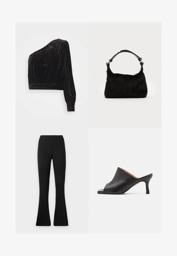 Sort fløjl crop top med én langærmet, featuring sølvprikker og en tætsiddende talje. Glat tekstur og asymmetrisk design.; Sorte ribbede flared bukser med høj talje. Det bløde, elastiske materiale giver en tætsiddende silhuet og en flared bund for stil og komfort.; Selected ASHLEY - Mules med hæl - black; Sort faux fur håndtaske med en blød tekstur, rund form og en robust skulderrem i sort læder. Synlige sølvhardware-detaljer.