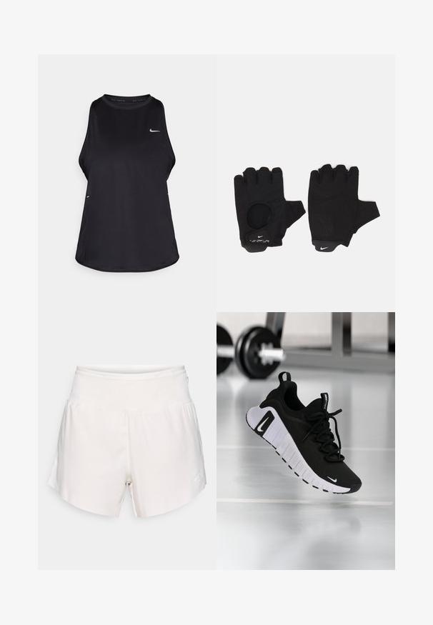 Zwarte mouwloze hardlooptanktop van lichtgewicht materiaal met een ronde hals; heeft een subtiel logo en zijslits voor ventilatie.; Witte atletiekshorts met hoge taille, een gladde tailleband en een subtiel logo op het linkeronderbeen, weergegeven tegen een effen achtergrond.; Zwarte sportschoen met een textuurstof bovenwerk, witte zool en een opvallend vetersysteem. Voorzien van een Nike-logo en een zacht, gedempt ontwerp.; Zwarte vingerloze handschoenen met een gestructureerd ontwerp. Gemaakt van een ademend materiaal, met een duimopening en versterkte palm voor grip.