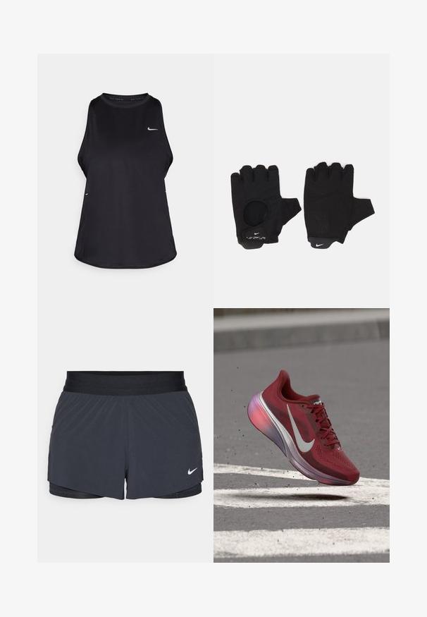 Sort ærmeløs løbetrøje lavet af let materiale med rund hals; har et diskret logo og sideåbninger for åndbarhed.; Sort træningsshorts med elastisk talje, der har et lagdelt design og et lille hvidt Nike-logo nederst til venstre. Letvægtsmateriale.; Rød Nike løbesko med hvid swoosh, svævende i luften over asfalt med hvide vejstriber, små stykker affald svæver i nærheden.; Sorte fingerløse handsker med et tekstureret design. Lavet af et åndbart materiale, med en tommelfingeråbning og forstærket håndflade for bedre greb.
