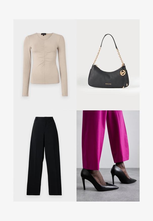 Haut à manches longues et col en V en tissu beige clair. Détails froncés au centre avant. Texture douce et lisse.; Pantalons noirs taille haute à larges jambes avec bouton et fermeture éclair, passants de ceinture et finition en tissu lisse et propre.; Chaussures à talons hauts noires avec un design à bout pointu et une texture en cuir lisse. Associées à des pantalons ajustés rose vif.; Sac à main en cuir grainé noir avec bandoulière chaîne dorée, logo Michael Kors doré à l’avant, et breloque porte-clés MK circulaire suspendue sur le côté.