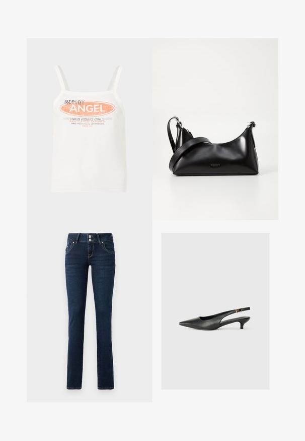Witte tanktop met spaghetti bandjes en de tekst "Replay Angel" en "Hard Riding Girls" in oranje en zwart aan de voorkant.; Donkerblauwe skinny jeans met dubbele knoopsluiting, voorzakken en gele stiksel op een witte achtergrond.; Zwarte puntschoen met slingback van soepel leer. Kenmerkt zich door een dunne hak en een gespdetail op de verstelbare band.; Zwarte leren handtas met een gladde textuur. Beschikt over een verstelbare schouderband en een strak, minimalistisch ontwerp met een ritssluiting.