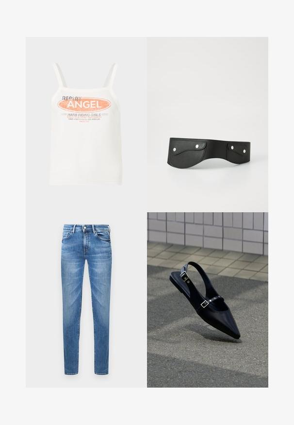 Witte tanktop met spaghetti bandjes en de tekst "Replay Angel" en "Hard Riding Girls" in oranje en zwart aan de voorkant.; Lichtblauwe denim jeans met een slim fit. Kenmerken zijn een knoopsluiting, vijf zakken en een gewassen textuur op de dijen.; Zwarte platte slingback met spits toelopende neus en dubbele gespsluitingen, rustend op grijs asfalt bij een achtergrond van betegelde muur.; Zwarte leren riem met twee ronde zakken, vastgezet met zilveren drukknoopjes. Glad oppervlak, licht gebogen ontwerp.