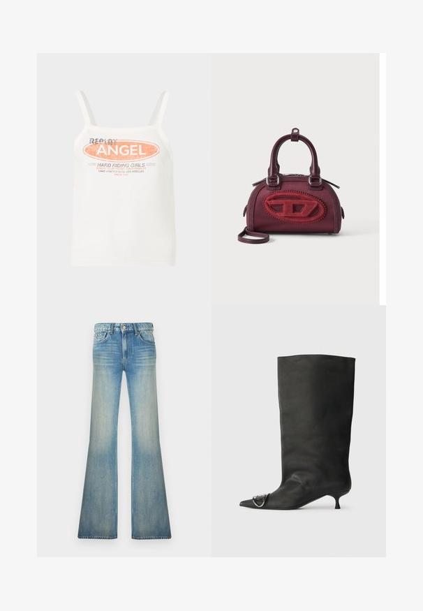Débardeur blanc à fines bretelles avec les inscriptions "Replay Angel" et "Hard Riding Girls" en orange et noir sur le devant.; Jean en denim bleu clair taille haute, bouton à l’avant, texture délavée et jambes évasées larges.; Bottines en cuir noir à bout pointu, petite talon et détail métallique sur le bout. Texture lisse et mate partout.; Petit sac à main bordeaux à forme arrondie, avec double poignée et grand logo ovale rouge texturé sur le devant, sur fond uni.