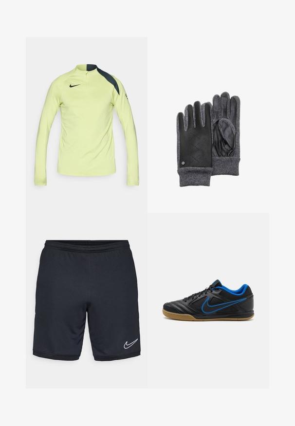 Langærmet atletisk skjorte i lys gul med halv-zip hals, sorte skulderdetaljer og et glat, letvægtsstof. Nike-logoet er præsenteret.; Sort atletiske shorts med et glat, let stof, elastisk talje og en hvid Nike-logo accenter tæt på kanten.; Sorte træningssko med blå detaljer, tekstureret syntetisk overdel, snørelukning og gummisål. Har en fremtrædende side logo detalje.; Læder- og grå strikkede handsker med en tekstureret sort læderpalme, ribbede manchetter og diamantmønsterdetaljer på bagsiden.