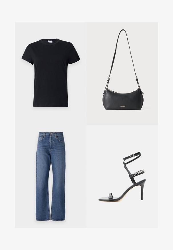 Zwarte korte mouwen t-shirt gemaakt van katoen, met een ronde halslijn en een eenvoudige, gladde textuur zonder bedrukt ontwerp of accenten.; Blauwe denim jeans met een hoge taille, wijde pijpen, klassiek vijf-pocket ontwerp en subtiele vervagingen in de stof.; Zwarte sandaal met hoge hak, smalle enkelband, middenvoetband versierd met zilveren schakels en een open teenontwerp.; Kleine zwarte leren schoudertas met verstelbare band en gouden rits, met subtiele gouden merktekst aan de voorkant.