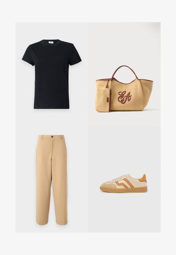 T-shirt noir à manches courtes en coton, avec un col rond et une texture simple et lisse, sans motif imprimé ni accents.; CLOSED WRENNA - Pantalon classique - urban beige; Baskets beige avec un bout en daim marron clair, des bandes en cuir tan, une semelle en caoutchouc et un design à lacets, vue latérale sur fond blanc.; Sac cabas en paille tissée avec des anses et des garnitures en cuir marron, comprenant une pochette assortie et des initiales "EA" embossées sur le devant.