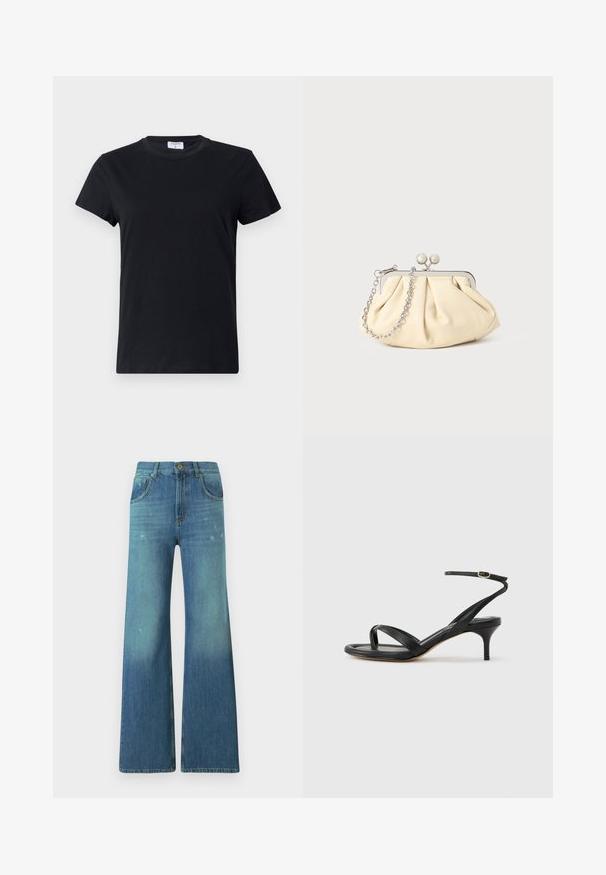 Sort kortærmet t-shirt lavet af bomuld, med rund halsudskæring og en simpel, glat tekstur uden trykte mønstre eller accenter.; Bredde bukser i blå denim med en lysvask gradient, med fem-lomme design, lynlås i taljen og detaljer med messingknap ved taljen.; Sort damesandal i læder med tynde remme, en tå-loop, ankelspænde og en mellemhøj stiletthæl på en neutral baggrund.; Plisseret beige læderclutch med en sølvmetalramme, der har to runde dekorative låse og en sølvkædetrasporte.
