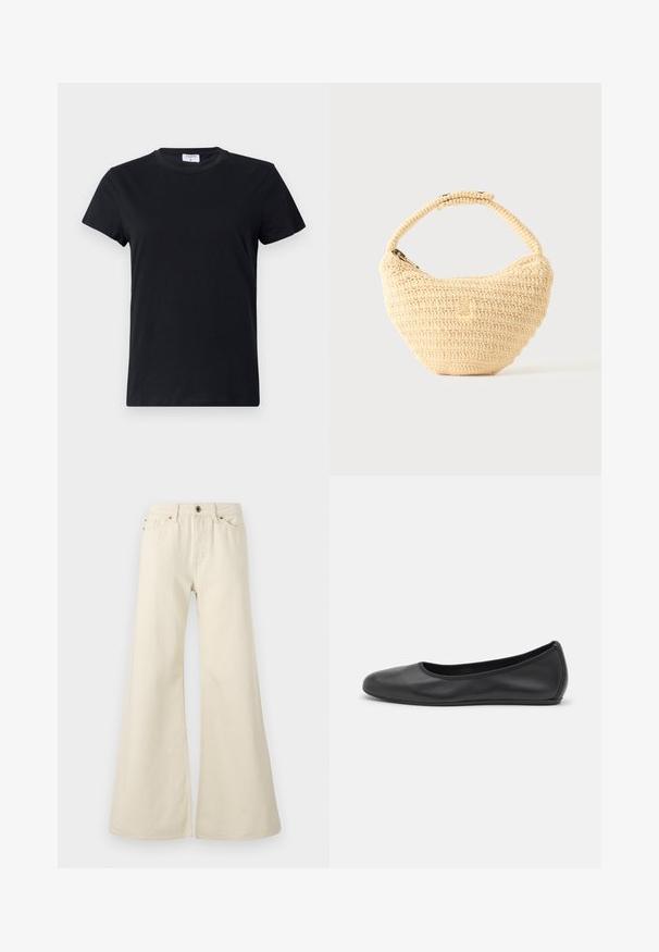 Schwarzes T-Shirt mit kurzen Ärmeln aus Baumwolle, mit Rundhalsausschnitt und einer einfachen, glatten Textur ohne bedrucktes Design oder Akzente.; Hellbeige weite Jeans aus Baumwolle. Besitzt eine hohe Taille, fünf Taschen und einen Knopfverschluss mit kontrastierenden Nahtdetails.; Schwarze Leder-Ballettschuhe mit abgerundeter Spitze, glatter Textur, minimalen Nähdetails und einem flexiblen Sohlen-Design.; Beige gewebte Handtasche mit rundem Körper, Reißverschluss und kurzem, dickem Riemen in einfachem, strukturiertem Häkelstil.