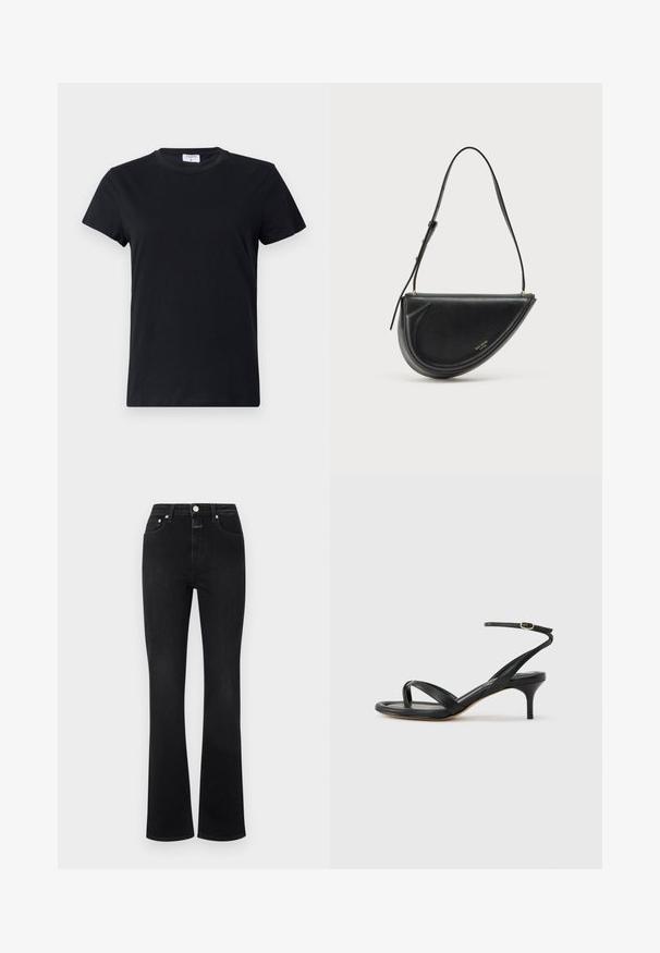 Schwarzes T-Shirt mit kurzen Ärmeln aus Baumwolle, mit Rundhalsausschnitt und einer einfachen, glatten Textur ohne bedrucktes Design oder Akzente.; Schwarze, ausgestellte Jeans aus Denim mit hoher Taille, fünf Taschen, goldfarbener Hardware und glatter Textur.; Schwarze Ledersandale für Damen mit dünnen Riemchen, einer Zehenlasche, einer Knöchelschnalle und einem mittelhohen Stöckelabsatz vor neutralem Hintergrund.; Schwarze Lederhandtasche mit halbmondförmigem Design, glatter Textur, abnehmbarem Riemen und dezentem goldfarbenem Markenlogo auf der Vorderseite.