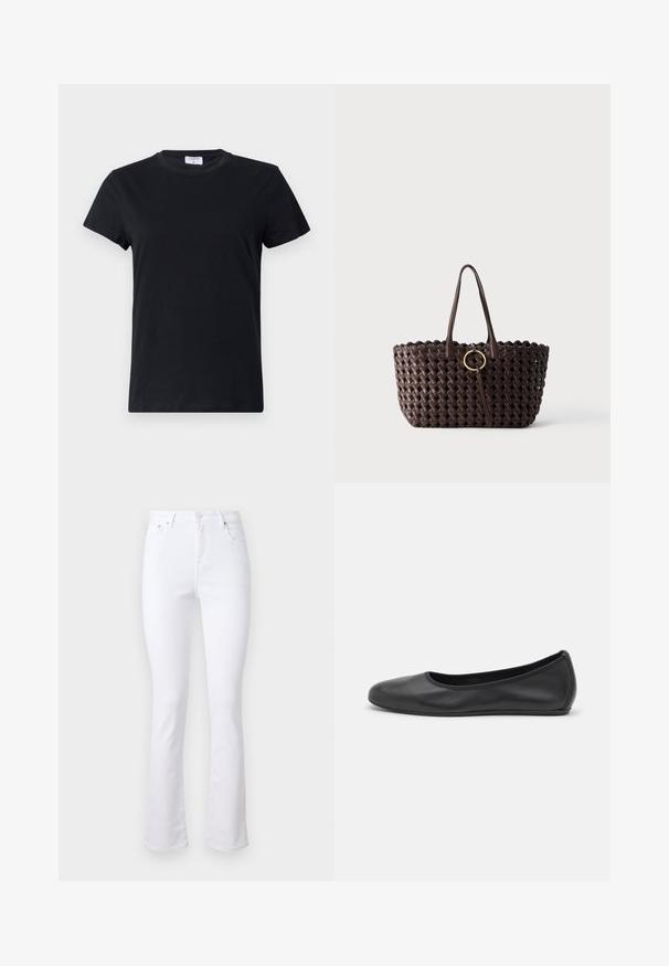 Schwarzes T-Shirt mit kurzen Ärmeln aus Baumwolle, mit Rundhalsausschnitt und einer einfachen, glatten Textur ohne bedrucktes Design oder Akzente.; Weiße Denim-Jeans mit weitem Bein, hoher Taille, vier Taschen und einer Knopfverschluss vorne. Sie verfügen über eine glatte Textur und saubere Säume.; Schwarze Leder-Ballettschuhe mit abgerundeter Spitze, glatter Textur, minimalen Nähdetails und einem flexiblen Sohlen-Design.; Dunkelbraune gewebte Tragetasche mit zwei Henkeln und einem goldenen, runden Schnallendetail in der Mitte vor einfarbigem Hintergrund.