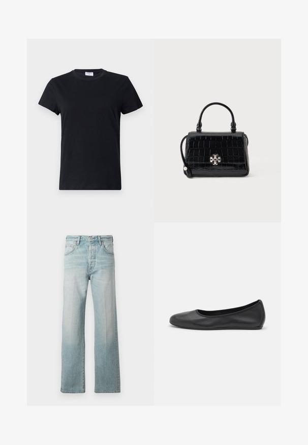 Schwarzes T-Shirt mit kurzen Ärmeln aus Baumwolle, mit Rundhalsausschnitt und einer einfachen, glatten Textur ohne bedrucktes Design oder Akzente.; Hellblaue Denimjeans mit geradem Bein, hoher Taille, Eingrifftaschen und ausgewaschenem Look. Mit einem dezent gesteppten Bund fertiggestellt.; Schwarze Leder-Ballettschuhe mit abgerundeter Spitze, glatter Textur, minimalen Nähdetails und einem flexiblen Sohlen-Design.; Schwarze Handtasche mit Krokodilstruktur, Obergriff und silbernem Verschluss, lehnt an einem einfarbigen hellen Hintergrund.