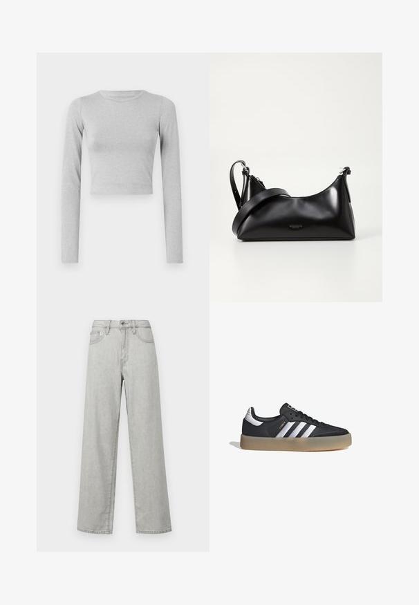 Top corto de manga larga en gris claro, fabricado con un tejido elástico, que presenta un sencillo escote redondo y una textura suave.; Jeans de pierna ancha de color gris claro, fabricados en denim, con una cintura alta, bolsillos delanteros y un cierre estándar con botón y cremallera.; Zapatilla deportiva de cuero negro con tres rayas plateadas, punta texturizada y suela de goma. Cuenta con un collar acolchado y un diseño con cordones.; Bolso de mano de cuero negro con una textura suave. Cuenta con una correa ajustable y un diseño elegante y minimalista con cierre de cremallera.