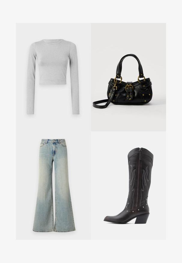 Lichtgrijze cropped langemouwen top gemaakt van een rekbare stof, met een eenvoudige ronde halslijn en een gladde textuur.; Lichtblauwe wijde jeans met een hoge taille, featuring een vervaagde afwerking, zijzakken en een subtiele split aan de onderkant van de poten.; Bruine leren cowboylaarzen met vlamstiksels, zijrits, zilveren studs, spits toelopende neus en gestapelde hak.; Zwarte leren handtas met gouden gesp en klinknagel details, korte handvatten en een verstelbare schouderriem op een effen witte achtergrond.